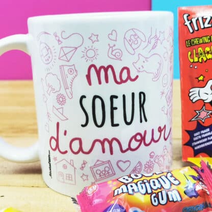 MUG "ma Sœur d'amour " bonbons rétro 80 - Cadeau Sœur