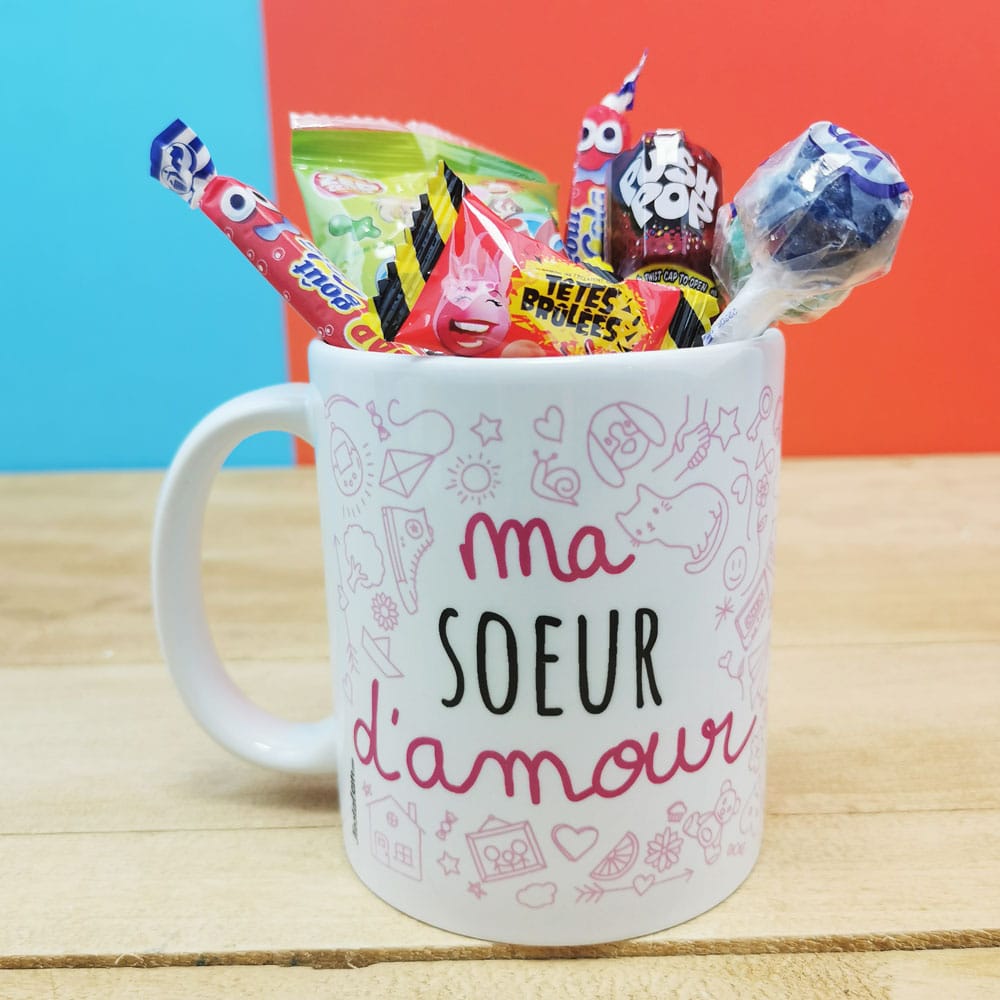 MUG "ma Sœur d'amour " bonbons rétro 90 - Cadeau Sœur