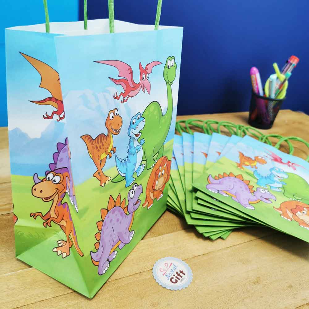 8 Sacs cadeaux en plastique anniversaire Dinosaures 16 x 22 cm
