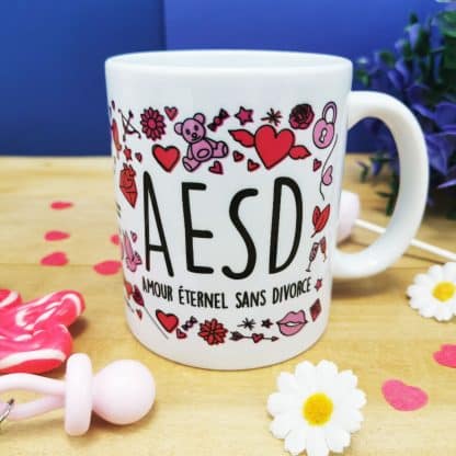 Mug personnalisable  "... + ... = AESD amour éternel sans divorce"