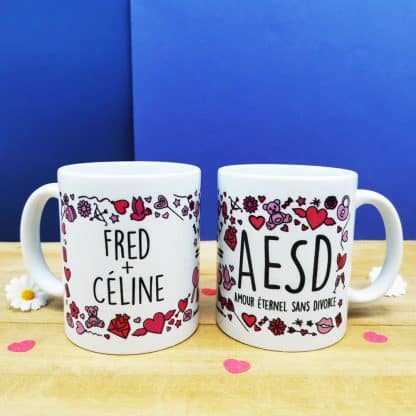 Mug duo personnalisable  "... + ... = AESD amour éternel sans divorce"