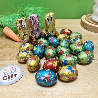 Sachet de chocolats de Pâques - 3 lapins en chocolats avec des oeufs pralinés x20