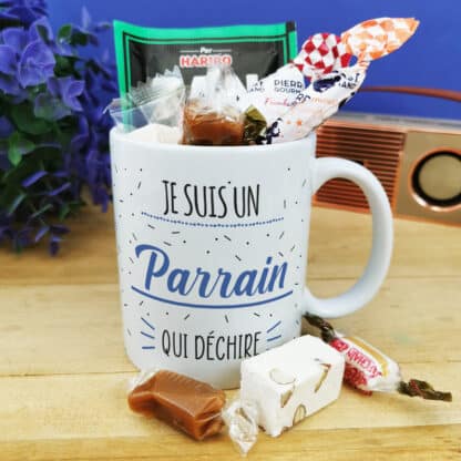 MUG "Je suis un parrain qui déchire" bonbons rétro 60 - Cadeau Parrain