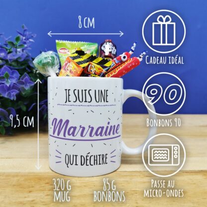 MUG "Je suis une marraine qui déchire" bonbons rétro 80 - Cadeau Marraine