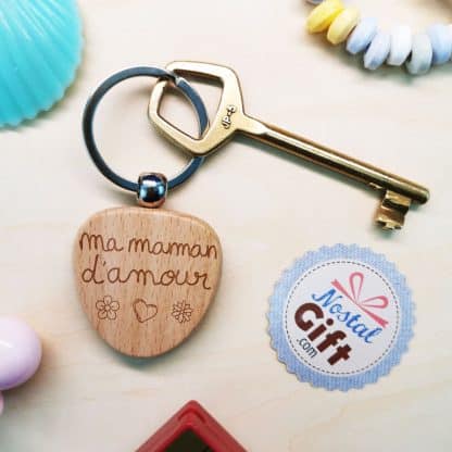 Porte clé coeur en bois personnalisable - "Ma maman d'amour"