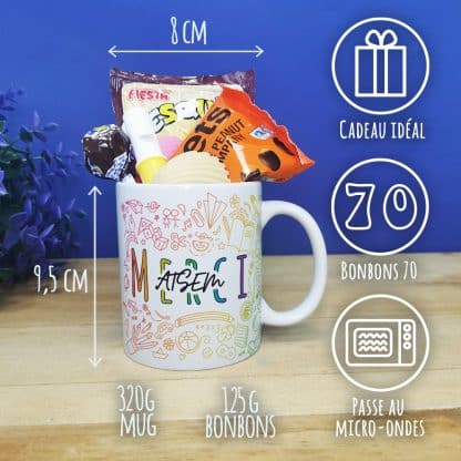 Mug "Merci ATSEM" bonbons rétro 70 - Collection arc-en-ciel