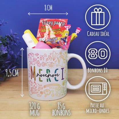 Mug "Merci nounou" bonbons rétro 80 - Collection arc-en-ciel