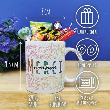 Mug "Merci nounou" bonbons rétro 90 - Collection arc-en-ciel
