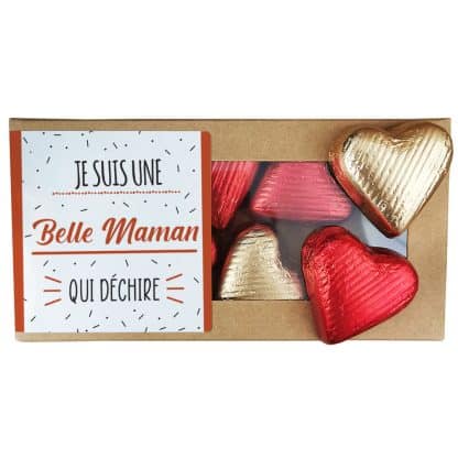 Cœurs au chocolat au lait et chocolat noir praliné x8 "Je suis une belle maman qui déchire"  - cadeau belle mère