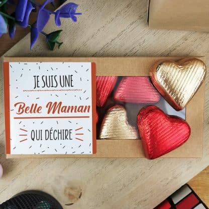 Cœurs au chocolat au lait et chocolat noir praliné x8 "Je suis une belle maman qui déchire"  - cadeau belle mère