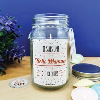 Bougie Jar blanche  "Je suis une belle maman qui déchire" - Cadeau Belle mère