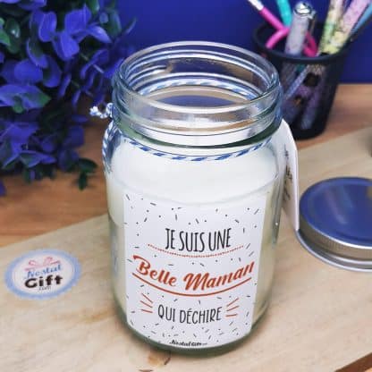 Bougie Jar blanche  "Je suis une belle maman qui déchire" - Cadeau Belle mère