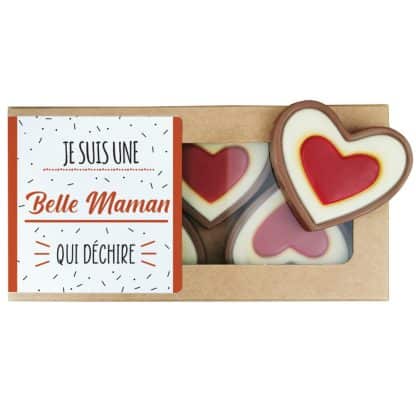 Cœurs au chocolat au lait rouge et blanc x4 "Je suis une belle maman qui déchire"  - cadeau belle mère