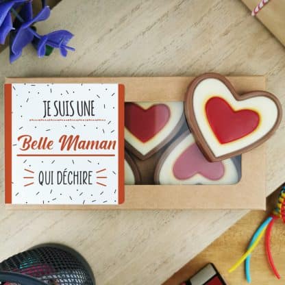 Cœurs au chocolat au lait rouge et blanc x4 "Je suis une belle maman qui déchire"  - cadeau belle mère