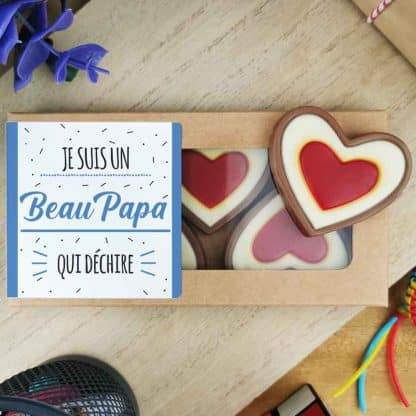 Cœurs au chocolat au lait rouge et blanc x4 "Je suis un Beau Papa qui déchire"- cadeau beau père