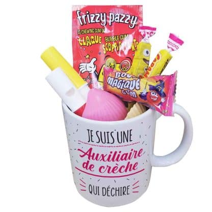 Mug bonbon années 80  "Je suis une auxiliaire de crèche qui déchire"