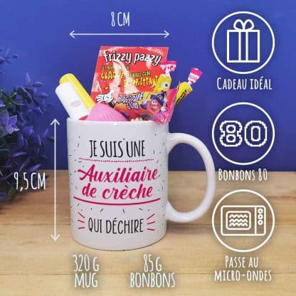 Mug bonbon années 80  "Je suis une auxiliaire de crèche qui déchire"