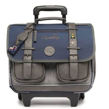 Cartable à roulettes 38 cm vintage Navy bleu et ses pin's personnalisables - Caméléon - CP, CE1, CE2