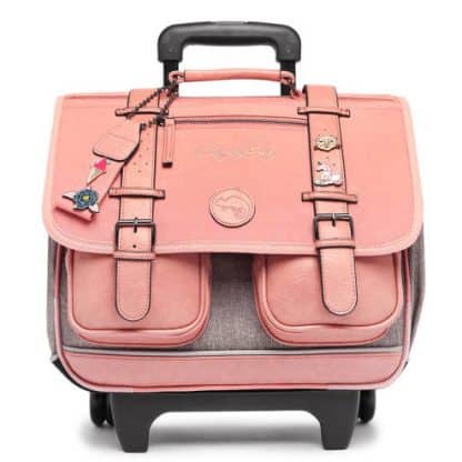Cartable à roulettes 38 cm vintage rose ses pin's personnalisables - Cameleon - CP, CE1, CE2