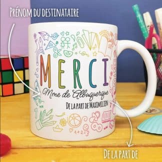 Mug personnalisable - "Merci" - Collection arc-en-ciel - cadeau maitresse, Atsem, Nounou...