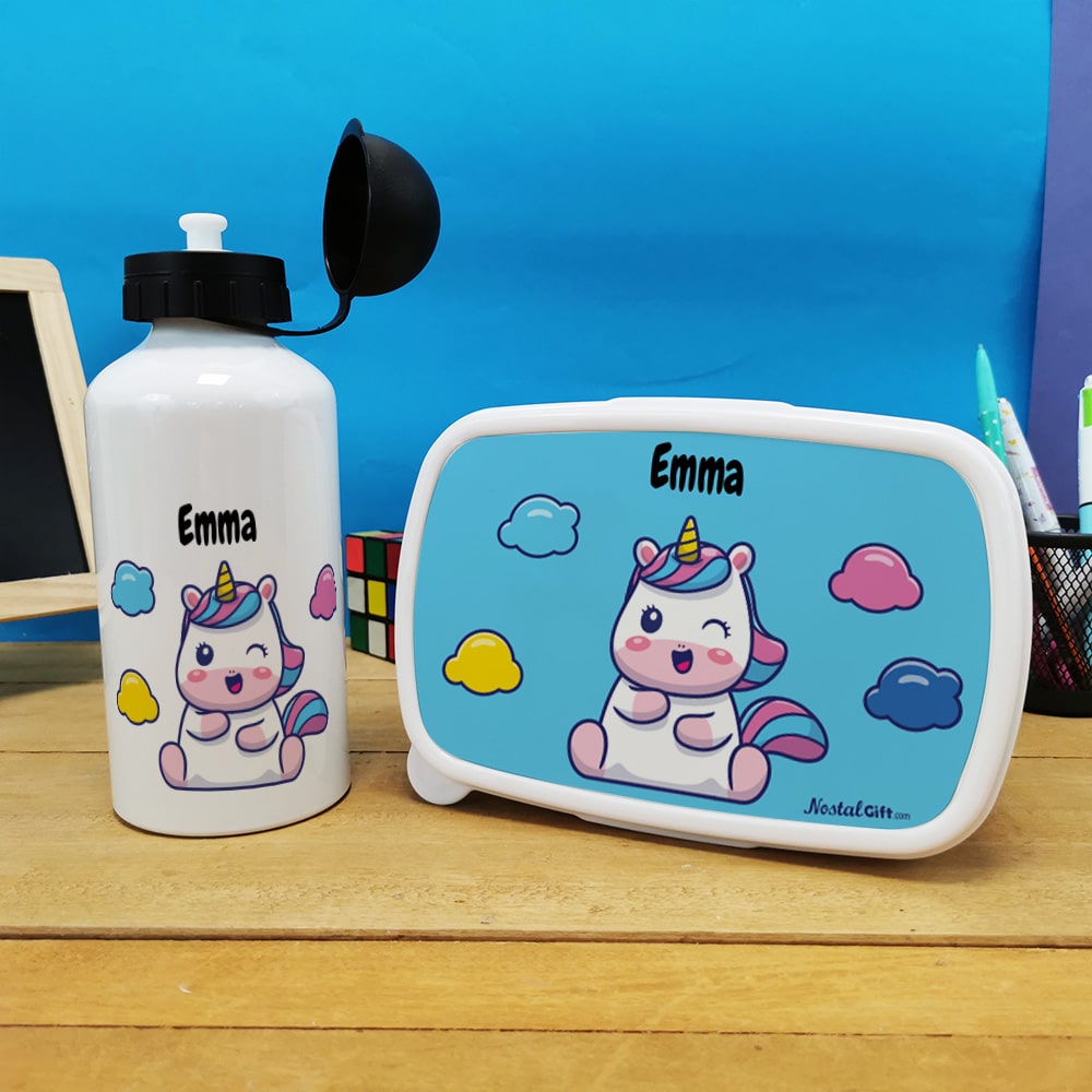 Boîte à goûter & gourde enfant personnalisées Licorne - cadeau fille