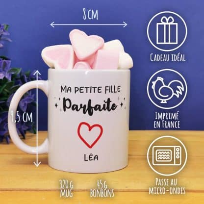 Mug "Ma petite fille parfaite" personnalisé  et ses guimauves coeurs x10 – cadeau papy et mamie