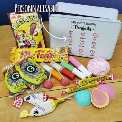 Coffret bonbons des années 70 personnalisé   "Mes petits enfants parfaits" - Cadeau papy ou mamie (Boîte en métal)