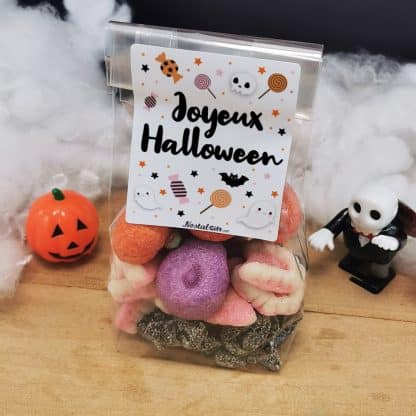 Sachet de Bonbons Halloween : tarentules noirs, dentiers et 5 guimauves tête de mort et citrouille – Image 2