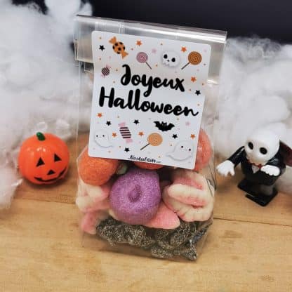 Sachet de Bonbons Halloween : tarentules noirs, dentiers et 5 guimauves tête de mort et citrouille