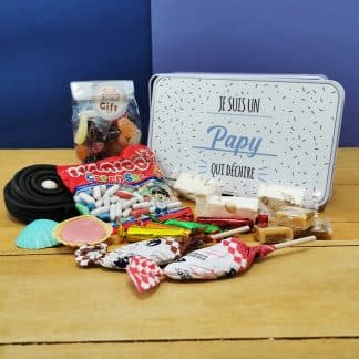 Coffret bonbons des années 60 "Je suis un papy qui déchire" (Boîte en métal)