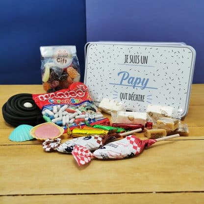 Coffret bonbons des années 60 "Je suis un papy qui déchire" (Boîte en métal)