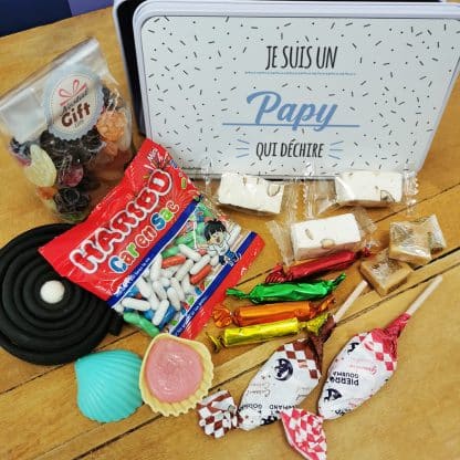 Coffret bonbons des années 60 "Je suis un papy qui déchire" (Boîte en métal)