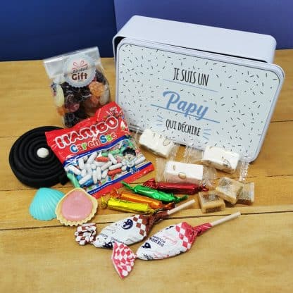 Coffret bonbons des années 60 "Je suis un papy qui déchire" (Boîte en métal)