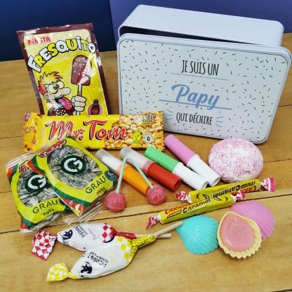 Coffret bonbons des années 70 "Je suis un papy qui déchire" (Boîte en métal)