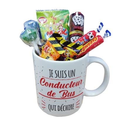 Mug bonbon années 90 "Je suis un conducteur de bus qui déchire" de la collection "Qui déchire"