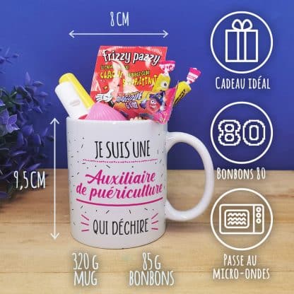 Mug bonbons années 80  "Auxiliaire de puériculture qui déchire"