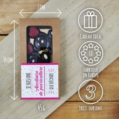 Oursons au chocolat noir x3 "Je suis une auxiliaire de puériculture qui déchire" – Image 3