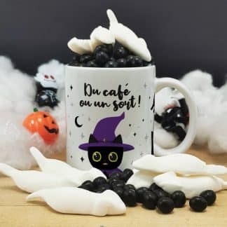 Mug bonbon chat noir - mug Halloween rempli de 10 souris et 100gr de dragibus noir