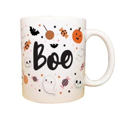Mug Halloween Boo et ses bonbons Tarentules noires, dentiers et guimauves citrouille et tête de mort