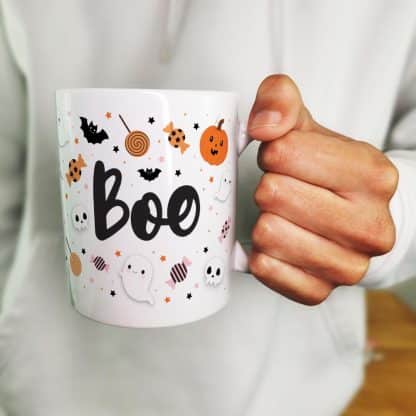 Mug Halloween Boo et ses bonbons Tarentules noires, dentiers et guimauves citrouille et tête de mort