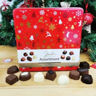 Chocolats de Noël - Boîte de chocolat rouge à partager 500g - Assortiment de chocolats belges boite Métal