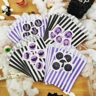 Sachet bonbons halloween vide  - thème sorcière - Violet et noir - lot de 20 + autocollants