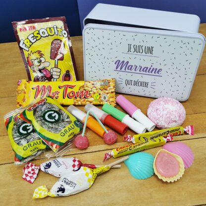 Coffret bonbons des années 70 "Marraine qui déchire"  (Boîte en métal)