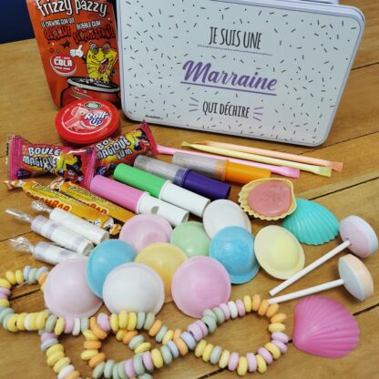 Coffret bonbons des années 80 "Marraine qui déchire"  (Boîte en métal)