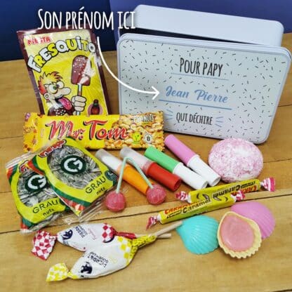 Coffret bonbons des années 70 "Pour papy qui déchire"  (Boîte en métal) - cadeau personnalisé