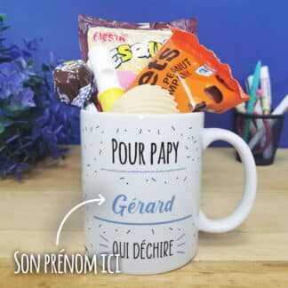 Mug bonbon années 70 "Pour papy qui déchire" de la collection "Qui Déchire" - Cadeau d'un anniversaire  :  papy - cadeau personnalisé