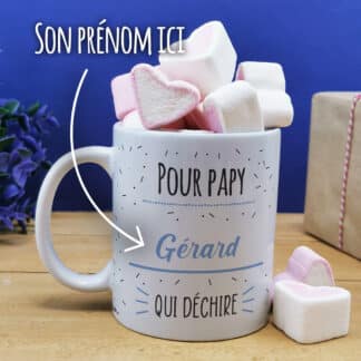 Mug "Pour papy qui déchire" - cadeau personnalisé  et ses guimauves coeurs x10