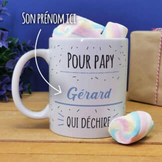 Mug et ses guimauves torsades x5 "Pour papy qui déchire"- cadeau personnalisé