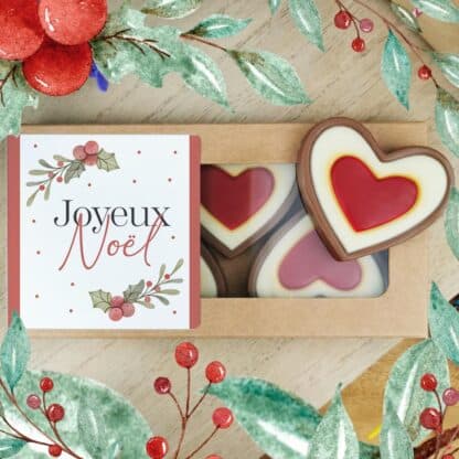 Cœurs au chocolat au lait rouge et blanc x4 "Joyeux Noël" - Cadeau Noël