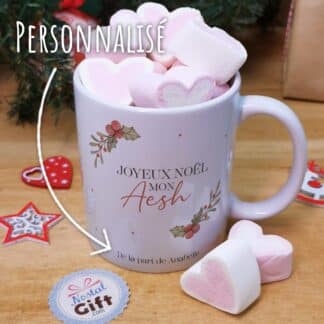 Mug "Joyeux Noël mon Aesh" personnalisé et ses guimauves coeurs x10 - Cadeau Noël